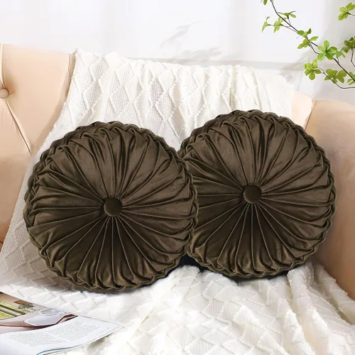 Miniatura 13 de HIG - Juego de 2 almohadas decorativas redondas plisadas, almohadas de calabaza de acento elegantes con botón central, almohadas de suelo