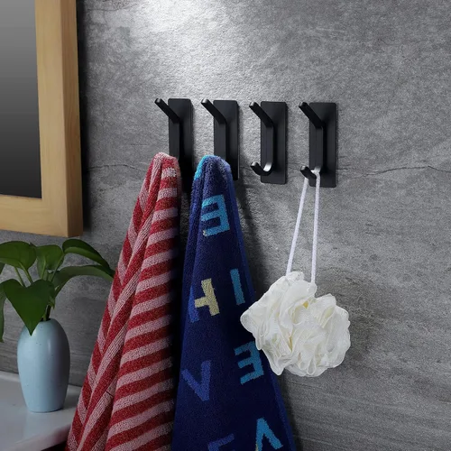 Miniatura 3 de YIGII Ganchos adhesivos para toallas, ganchos de pared negros para baño y cocina, ganchos resistentes, paquete de 4, acero inoxidable