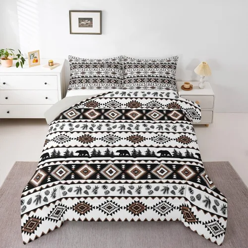 Miniatura 6 de Castle Fairy Juego de edredón con estampado azteca occidental, juego de ropa de cama geométrica a rayas marrones para niños y adolescentes