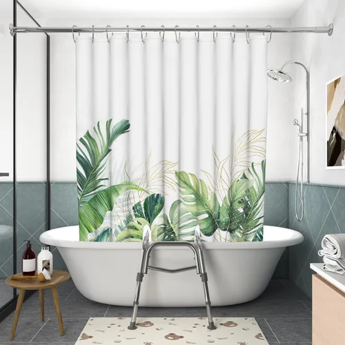 Miniatura 3 de Cortina de ducha dividida con hojas verdes para banco de transferencia, hojas de palmera tropicales, plantas naturales, decoración de baño con 2
