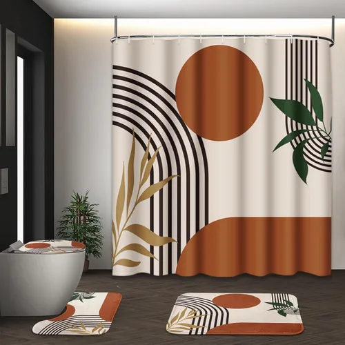 Juego de cortina de ducha bohemia de mediados de siglo con tapa de inodoro y alfombras antideslizantes, 4 piezas geométricas abstractas modernas y