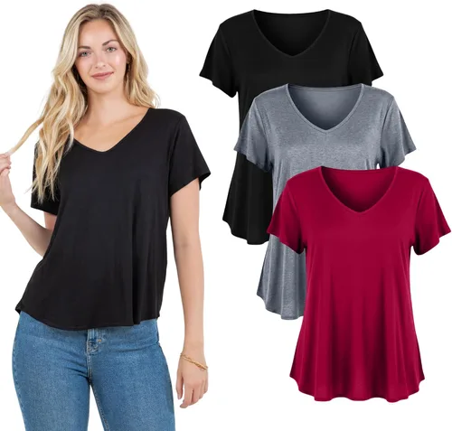 Miniatura 8 de Azules Camiseta de manga corta con cuello en V para mujer, suave, elástica, holgada, casual, transpirable, talla grande, cuello en V