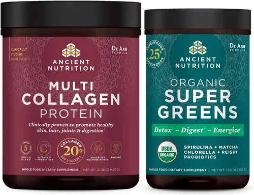 Ancient Nutrition Proteína en polvo multicolágeno, sin sabor, 60 porciones + polvo Supergreens, sabor verde, 25 porciones