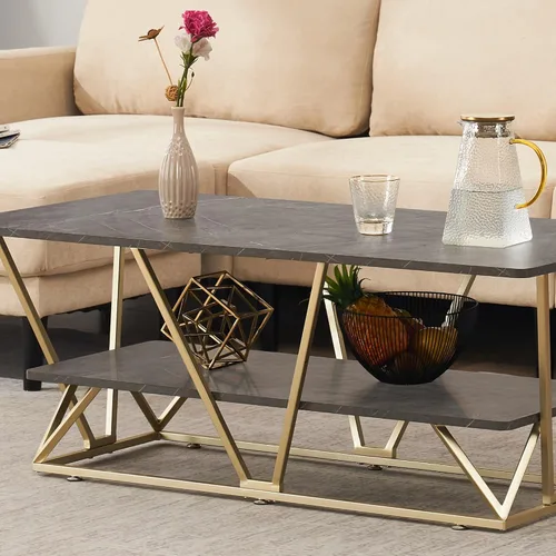 Miniatura 2 de ivinta Mesa auxiliar con almacenamiento, mesa central rectangular moderna con mármol sintético y marco dorado para espacios pequeños, mesa de sala