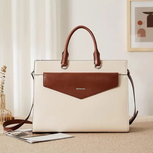 Miniatura 7 de BOSTANTEN Maletín para mujer con bolso para laptop de 15.6 pulgadas, bolso de mano de cuero genuino para el trabajo, color beige