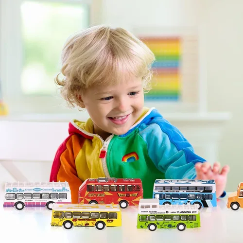 Miniatura 5 de Hanaive Juego de 6 piezas de coches de autobús escolar, juego de autos pequeños de metal fundido a presión, autobús urbano, autobús de doble piso