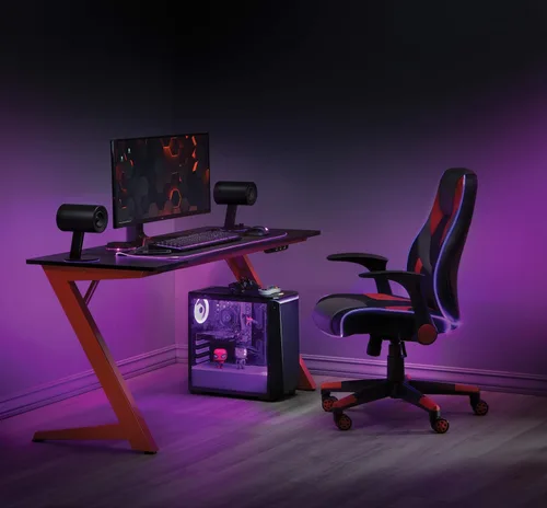 Miniatura 2 de OSP Home Furnishings Beta Battlestation - Escritorio para juegos con luces LED RGB Bluetooth, color rojo mate