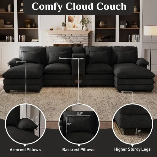 Miniatura 7 de Sofá nube en forma de U de 130 pulgadas con casa para gatos, sofá modular de gran tamaño para sala de estar, cómodo sofá grande de chenilla, juego