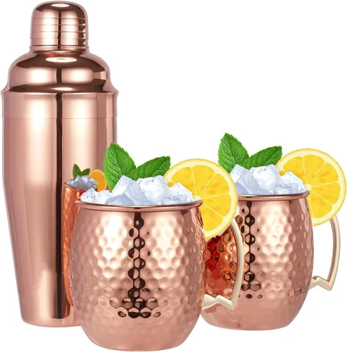 Moscow Mule - Juego de 3 tazas martilladas de Moscú Mule tazas con coctelera de 24 onzas, gran juego de regalo para bar de entretenimiento (juego de