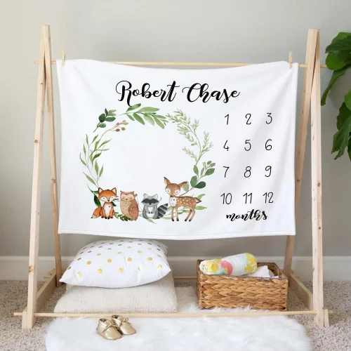 Miniatura 2 de Gearpenguin Manta mensual personalizada de hitos para bebé, con fotos de animales del bosque, seguimiento del crecimiento de niñas, regalo