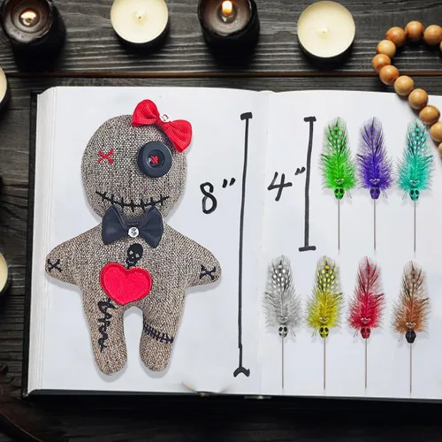 Miniatura 6 de PapaLegba Juego de arte de muñeca vudú de 8 pulgadas con 7 pines de calavera emplumados de colores y tarjetas de hechizos de energía positiva