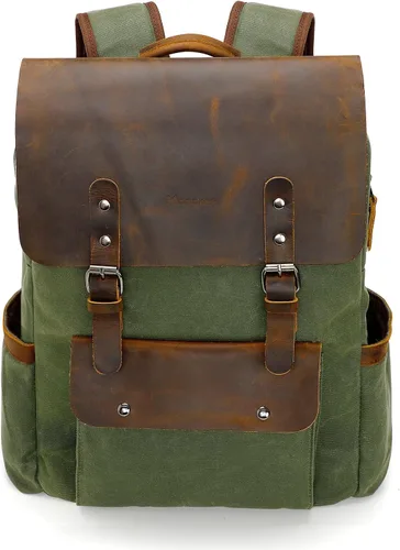Miniatura 10 de Modoker Mochila de lona encerada, mochila de cuero para hombres y mujeres, mochila vintage de viaje para laptop de 15.6 pulgadas, mochila retro