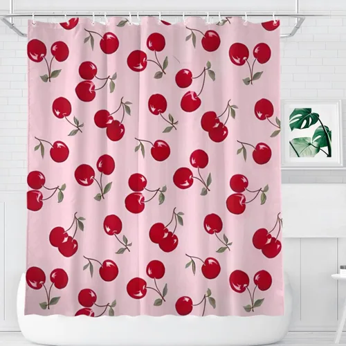 Miniatura 10 de KOMIKU Juego de cortina de ducha estética de frutas con diseño floral de cereza rosa, decoración de baño de frutas de verano, de poliéster, lona