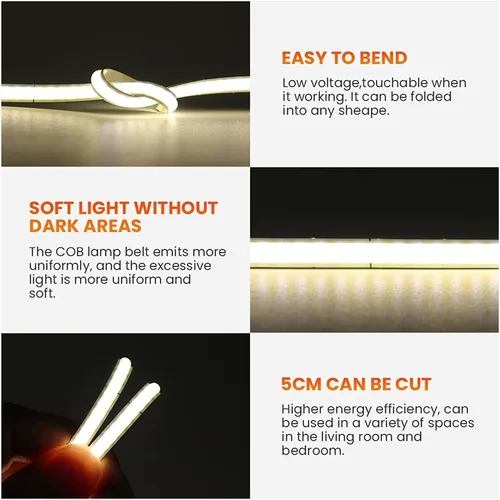 Miniatura 2 de Tira LED COB de 16.4 pies, USB 5 V, 320 LEDs/M, tira LED flexible regulable de 4500 K, color blanco natural, banda LED COB, no impermeable, tira