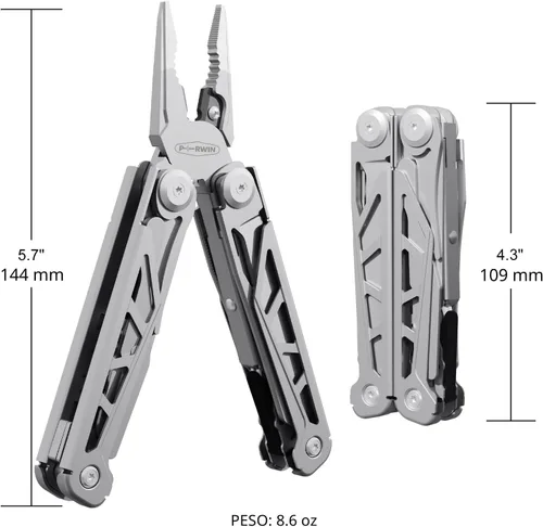 Miniatura 6 de PERWIN Multiherramienta, alicates multiherramienta de acero inoxidable 17 en 1 con autobloqueo, cuchillo de bolsillo, funda de nailon