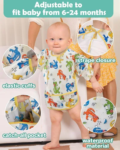 Miniatura 6 de Lictin Paquete de 3 baberos para bebé para niño o niña, lindo babero de manga larga, baberos impermeables para niños pequeños, bata de bebé