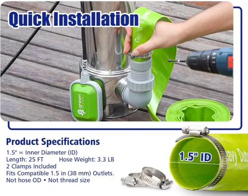 Miniatura 3 de Green Expert - Kit de bomba sumergible de sumidero de 1.5 HP con manguera de descarga plana de 25 pies, bomba de extracción de agua de acero