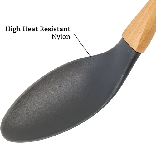 Miniatura 7 de Beille 5 utensilios de cocina de madera de nailon gris oscuro con cucharas de cocina, cucharón de sopa, cuchara espumadera y espátula, 13 pulgadas