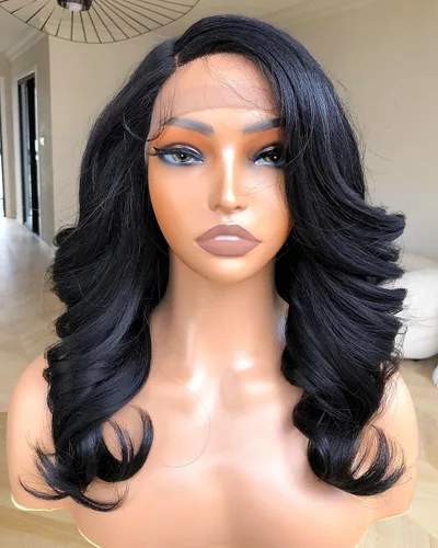 Peluca de encaje frontal de 14 pulgadas con cuerpo ondulado de encaje HD, pelucas sin pegamento de cabello humano preestilizadas y precortadas, Negro