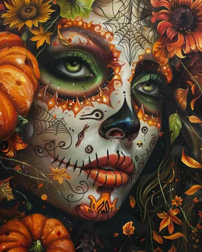 Miniatura 30 de Kit de Pintura por Números de Retrato de Mujer Calavera de Azúcar al Óleo de 16 x 20 Pulgadas, Lienzo para Halloween, Decoración para Mujeres, Chica