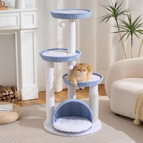HITTITE Moderna torre de árbol para gatos con poste rascador, torres para gatos de 46 pulgadas de alto con nidos y cueva tejidos, árbol para gatos