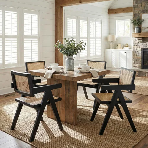Miniatura 15 de Hyfirm Juego de 2 sillas de comedor de ratán negro, sillas de comedor de madera y caña de granja con asiento de bastón, sillones de cocina de ratán
