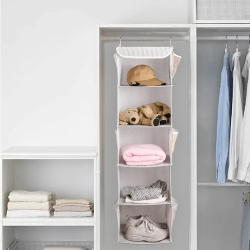 Miniatura 4 de BrilliantJo Organizador colgante de armario con 5 estantes, 2 paquetes de almacenamiento colgante con 6 bolsillos laterales para ropa y zapatos, 43