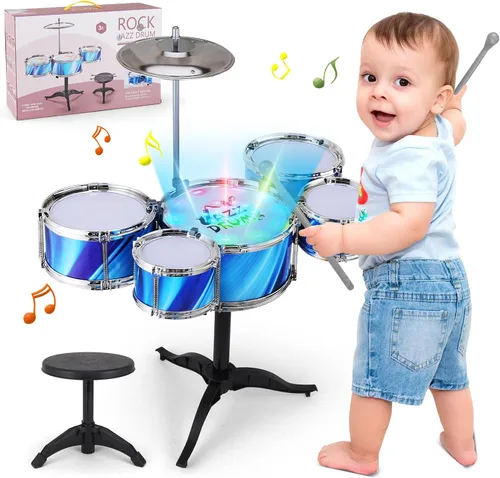 Juego de batería para niños pequeños (15 piezas), juego de batería para niños de 3 a 5 años, juguetes musicales para niños y niñas, regalo de