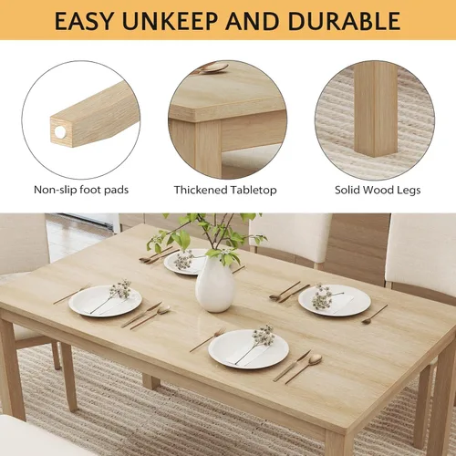 Miniatura 3 de Zevemomo Juego de mesa de comedor de madera maciza de 6 piezas, incluye 1 mesa de comedor, 4 sillas tapizadas y 1 banco, juego de mesa de comedor