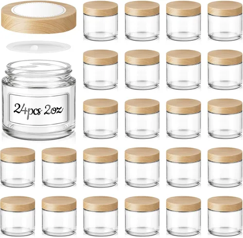2 OZ Glass Jars with Lids, 24 Pack Small Glass Containers with Plastic Woodgrain Lids & Inner Liners, Reusable Travel Containers for Creams, Makeup,