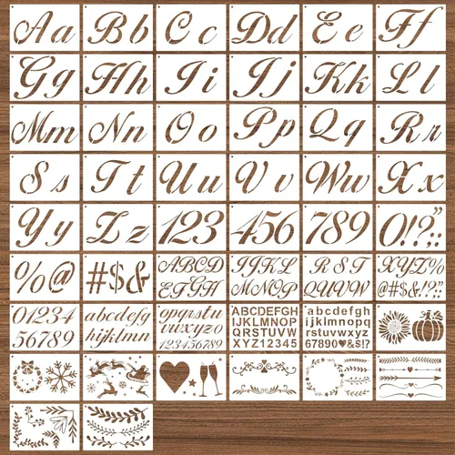 BAMIDELE Plantillas de letras para pintar sobre madera, 50 piezas de plantillas de dibujo del alfabeto de caligrafía con números, signos, flores,