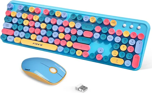 FOPETT - Juego de teclado y mouse inalámbricos de 2.4 GHz con botón de interruptor, teclado de tamaño completo, compatible con V2030 Azul Colorido