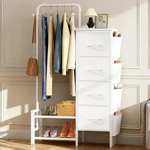 Cómoda con estante para colgar, perchero de 52 pulgadas de alto con cajones, 4 cajones y 4 bolsas laterales, cómoda de tela con estantes inferiores,