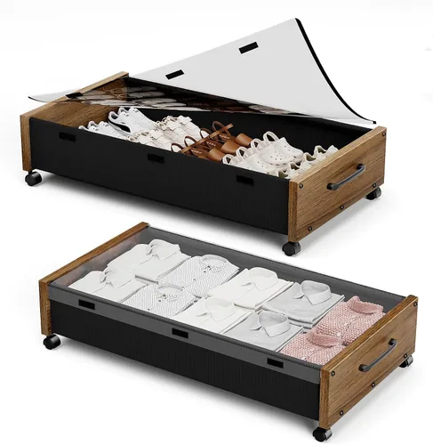 Miniatura 13 de KITHELP Almacenamiento de madera debajo de la cama con ruedas, contenedores de almacenamiento rodantes debajo de la cama con tapa extraíble, cajones