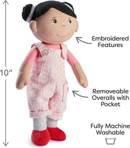 Miniatura 2 de HABA Snug Up Doll Rumbi - Muñeca suave de 10 pulgadas con cabello negro y overol rosa - Lavable a máquina para 18 meses en adelante