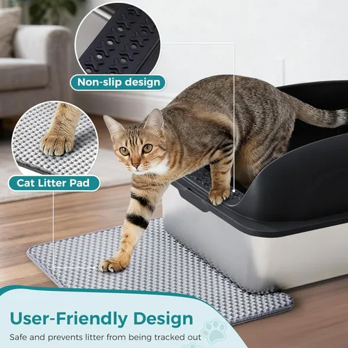 Miniatura 3 de OLIXIS Caja de arena para gatos de acero inoxidable con tapa, caja de arena grande para gatos grandes, lados de pared alta, antifugas de orina