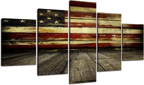 Miniatura 47 de Arte de pared de concepto patriótico, pintura de bandera estadounidense y británica, lienzo de estrellas y rayas, 5 paneles, arte moderno americano