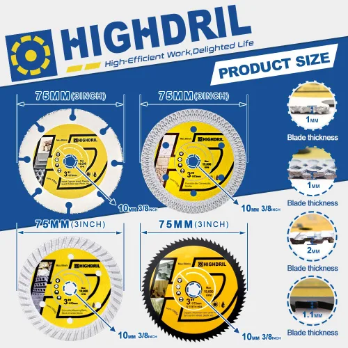 Miniatura 2 de HIGHDRIL Juego de hojas de sierra circular de 3 "2.953 in, 4 piezas, disco de corte de diamante/HSS/carburo para amoladora angular, azulejos