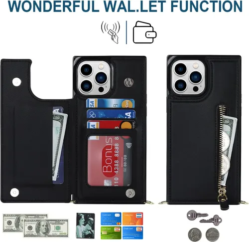 Miniatura 8 de Funda cruzada para teléfono iPhone 13 Pro Max de cuero con tarjetero, funda protectora extraíble, correa de cuero ajustable con botón, compatible
