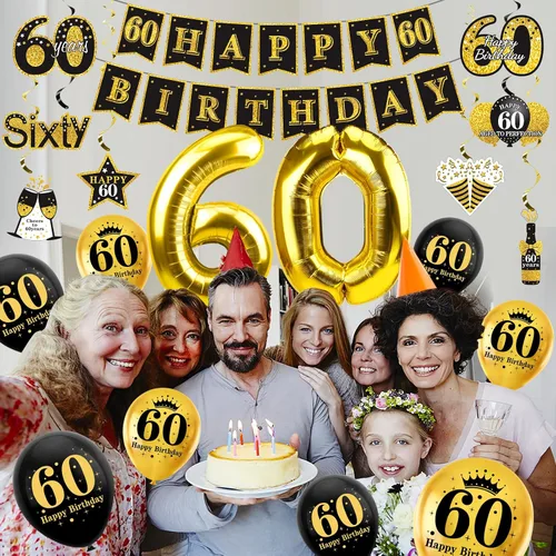 Miniatura 5 de Turypaty Kit de 36 decoraciones de cumpleaños 60 para hombres y mujeres, globos de feliz cumpleaños de 60 años de color negro y dorado con diseño