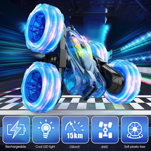 Miniatura 4 de Coche de Control Remoto, Autos RC de Acrobacias Para Niños con Luz Colorida, Carga Rápida USB-C, Juguetes de Coche Camión RC 4WD Recargable con Azul