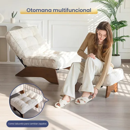Miniatura 7 de MAXYOYO - Sillón decorativo con otomana y respaldo ajustable, silla capitoné para sala, reposera con reposapiés, silla moderna y acogedora Beige