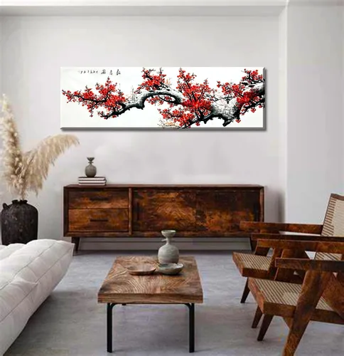Miniatura 9 de JiazuGo Decoración asiática, pintura china, arte de pared oriental rojo ciruelo flor lienzo cuadros para dormitorio, decoración estética de pared