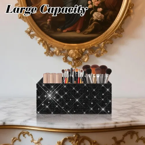 Miniatura 6 de Bling - Organizador de brochas de maquillaje, 3 ranuras para cosméticos, soportes de almacenamiento con diamantes de imitación brillantes, bonito