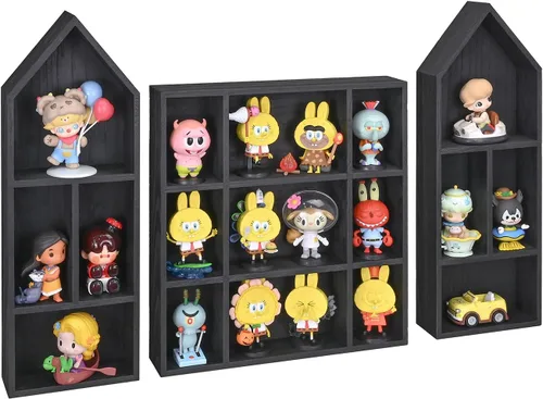 Miniatura 13 de Ikee Design Juego de 3 piezas montadas en la pared en forma de casa de madera con forma de cubículo de sombra con puerta, vitrina de almacenamiento