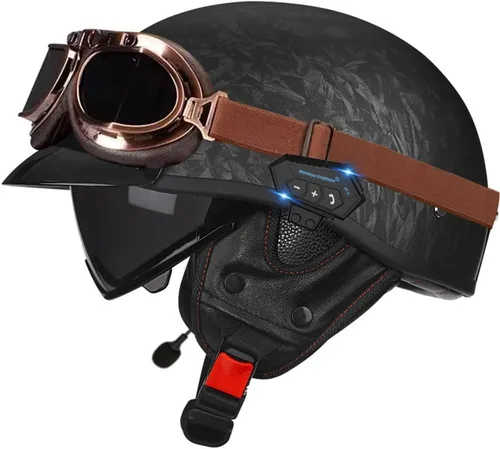 Miniatura 20 de Casco de cara abierta con Bluetooth para hombres y mujeres, casco retro de estilo alemán con diseño de calavera, visera con gafas, casco de media