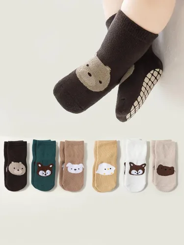 Miniatura 6 de Calcetines antideslizantes para bebé con agarres, diseño de animales lindos, mezcla de algodón, unisex, 6 meses a 5 años, paquete de 6