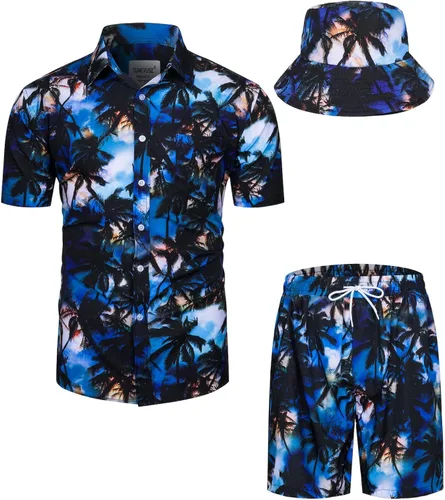 TUNEVUSE Conjunto de 2 piezas de camisas y pantalones cortos hawaianos para hombre, traje de playa con botones y sombreros de pescador
