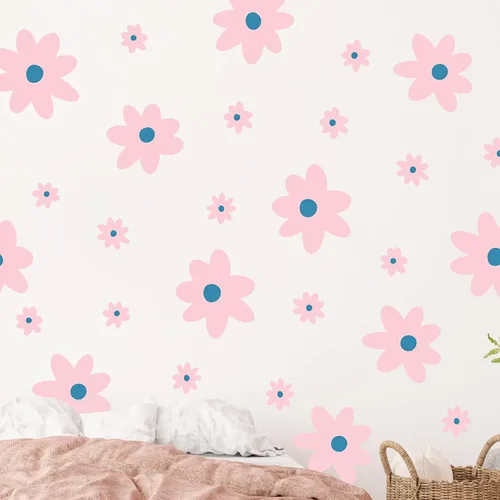iinuu Calcomanías de pared de flores de margaritas rosadas, calcomanías de vinilo retro floral para pared, decoración artística Groovy Y2K para