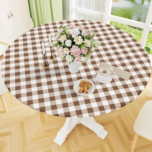 Miniatura 31 de Smiry - Mantel redondo de picnic de vinilo elástico impermeable con respaldo de franela, mantel de vinilo ajustable para mesas de 31-35 pulgadas